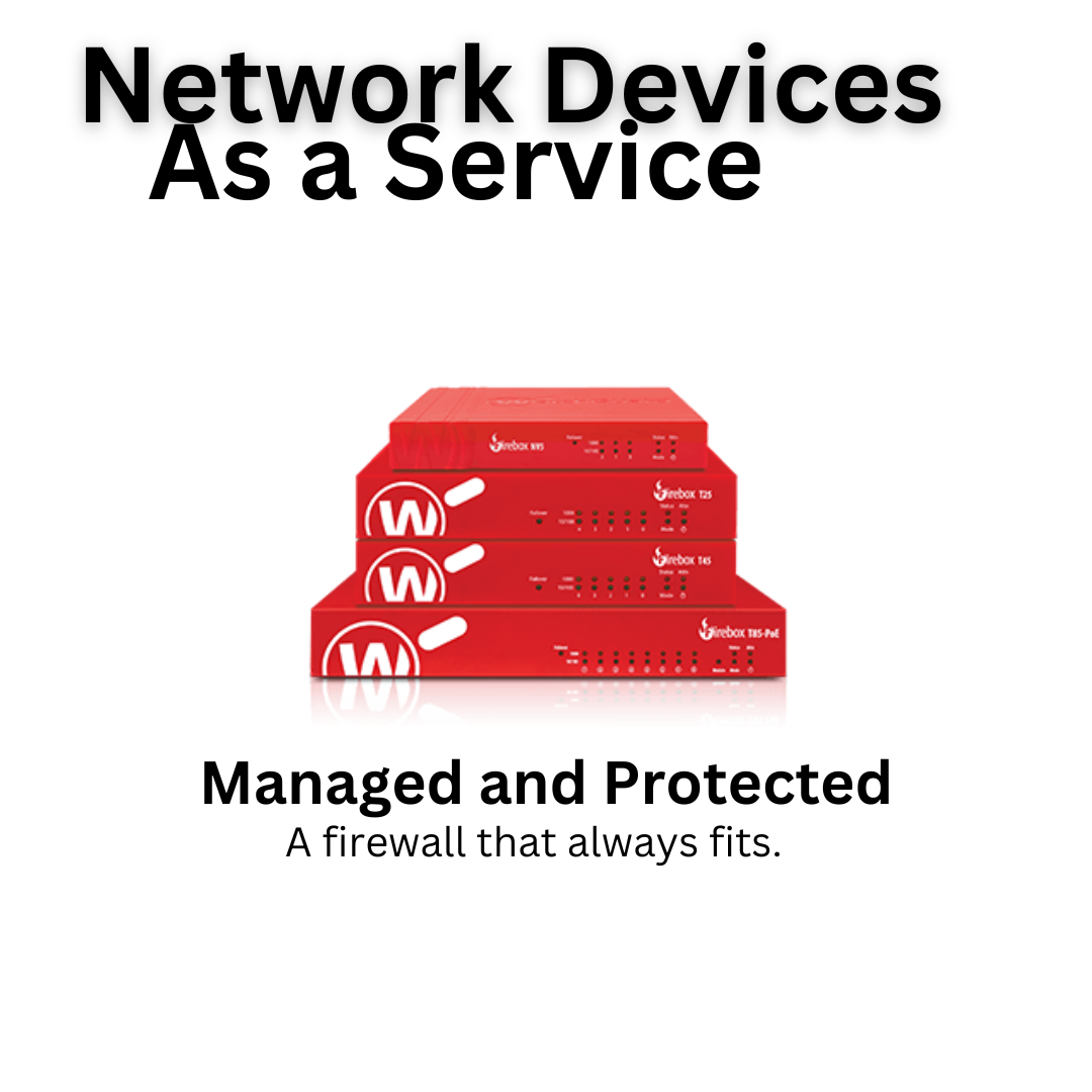 "Advertisement for 'Network Devices As a Service' with an image of red firewall devices and a tagline 'Managed and Protected.'"