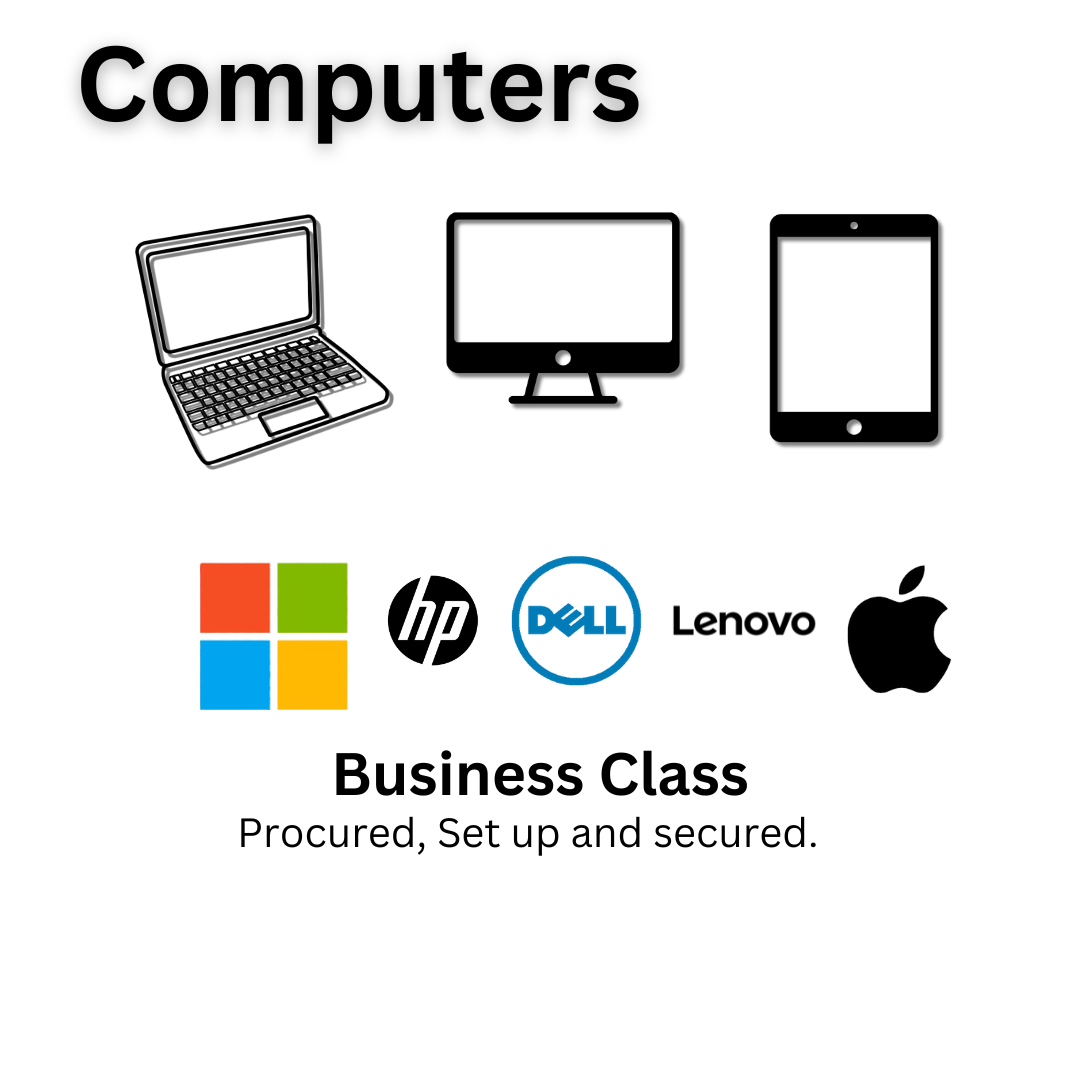 Illustration of a laptop, a monitor, and a tablet with logos of Microsoft, HP, Dell, Lenovo, and Apple, and text "Business Class."