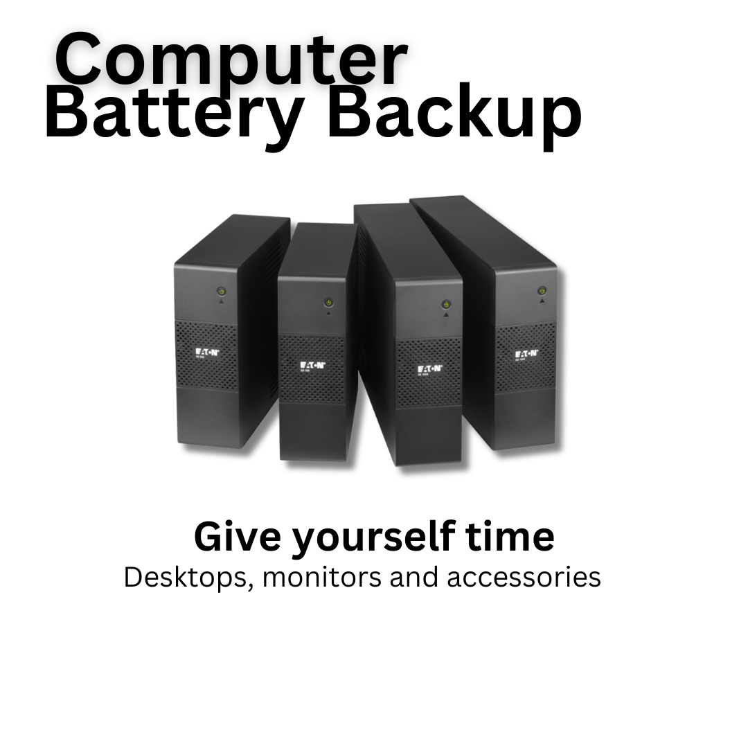 Ad graphic with three UPS (Uninterruptible Power Supply) units and text "Computer Battery Backup - Give yourself time Desktops, monitors and accessories."