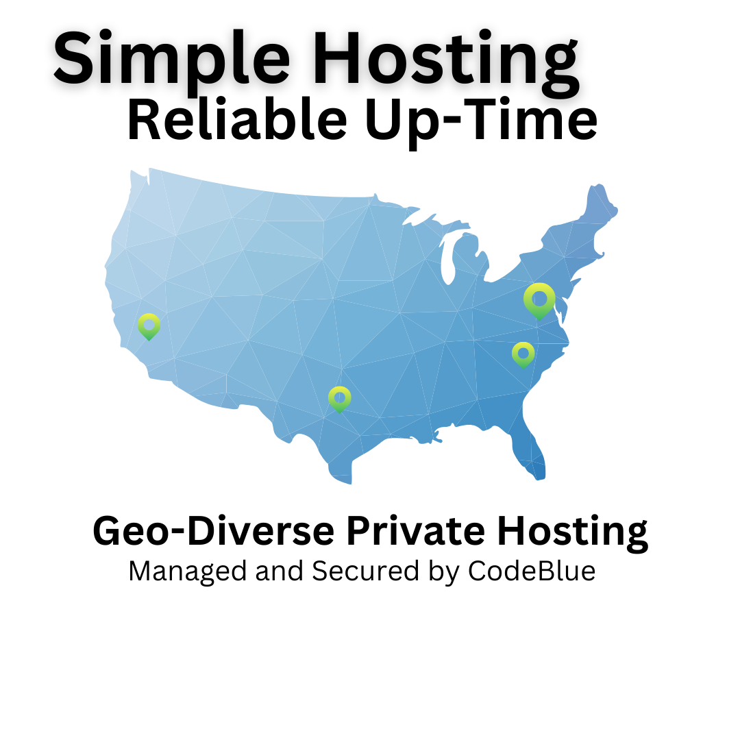 Ad graphic with U.S. map highlighting hosting locations; text reads "Simple Hosting, Reliable Up-Time, Geo-Diverse Private Hosting by CodeBlue."