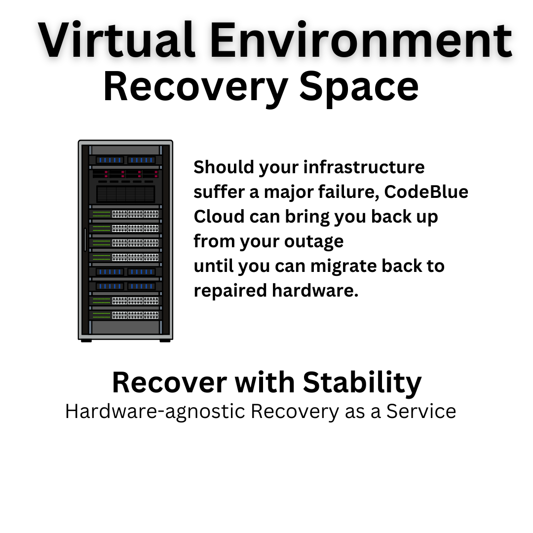 Ad for Virtual Environment Recovery with a server rack image and details on CodeBlue Cloud's services.