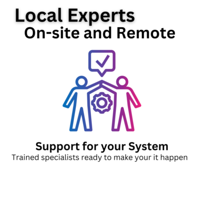 Graphic of two stylized people with gear symbol, "Local Experts On-site and Remote" text, and "Support for your System" caption.