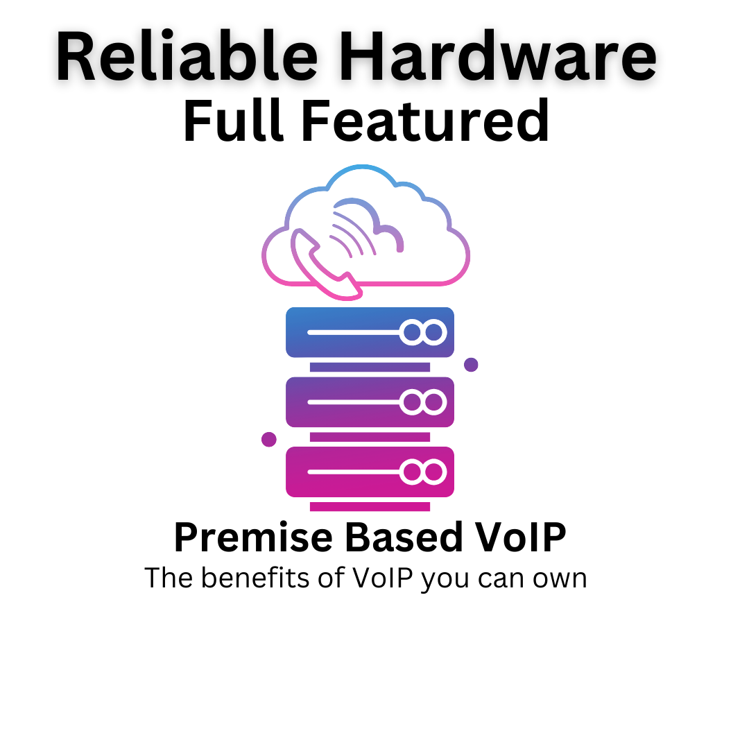 Ad for premise-based VoIP with a cloud and stacked server icons, titled "Reliable Hardware Full Featured."