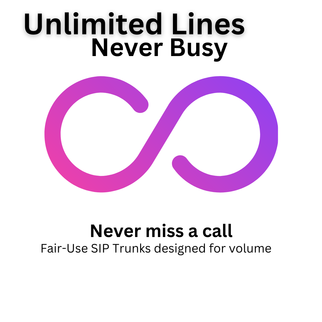 Advertisement for unlimited SIP trunk lines with a purple infinity symbol, promoting never missing a call.