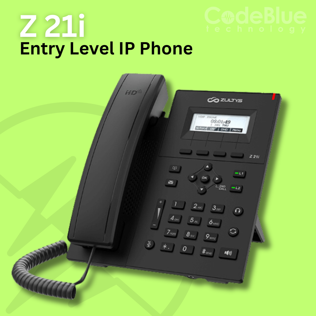 Black Zultys Z21i entry-level IP phone with handset on green background.