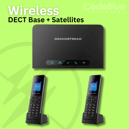 Grandstream wireless DECT base station and two satellite handsets on a green background with "CodeBlue Technology" text.