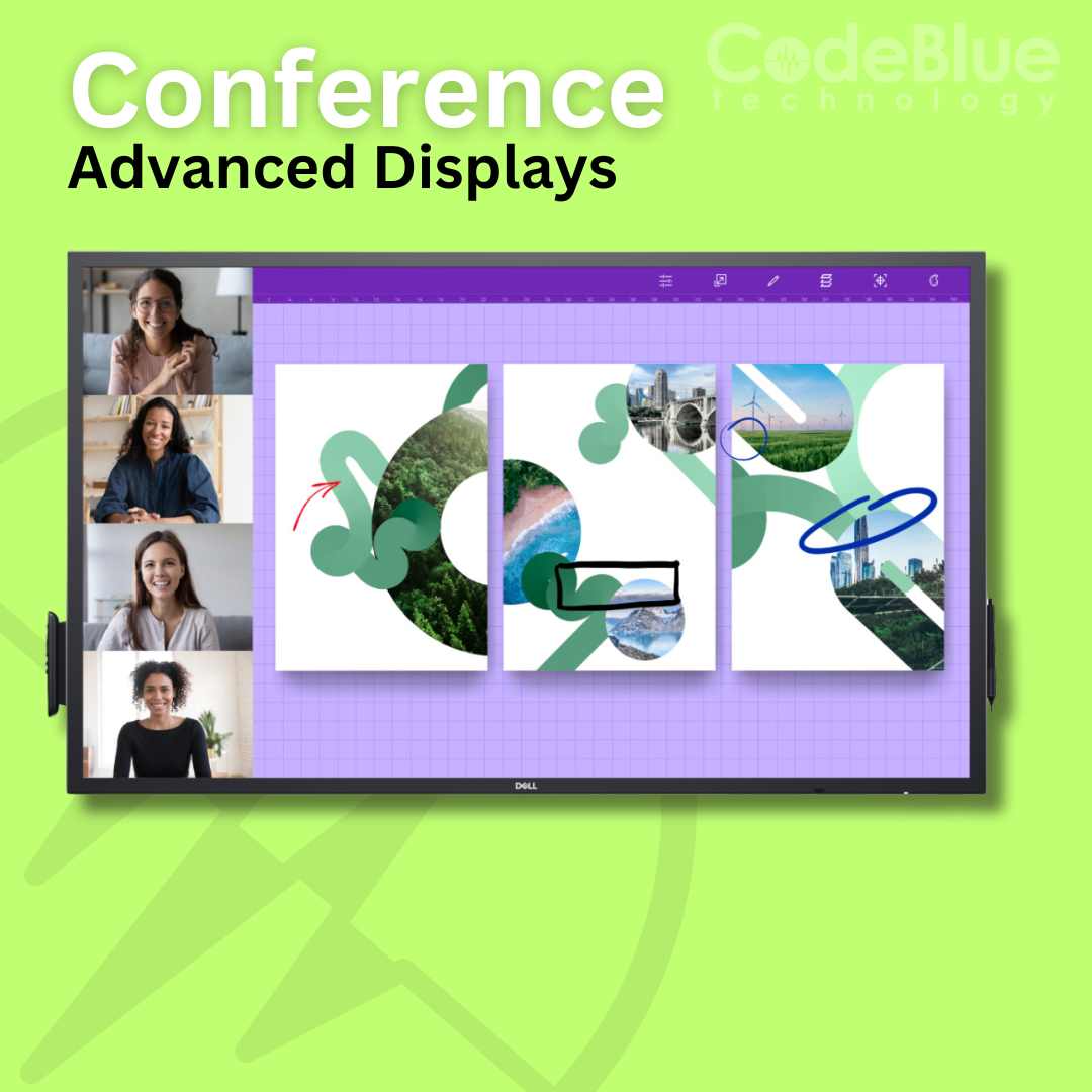 A Dell monitor displaying a 'Conference Advanced Displays' presentation with abstract graphic designs.