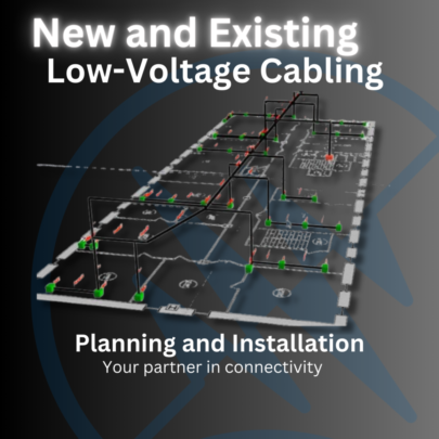 An infographic on low-voltage cabling planning and installation with a 3D building layout and text overlays.