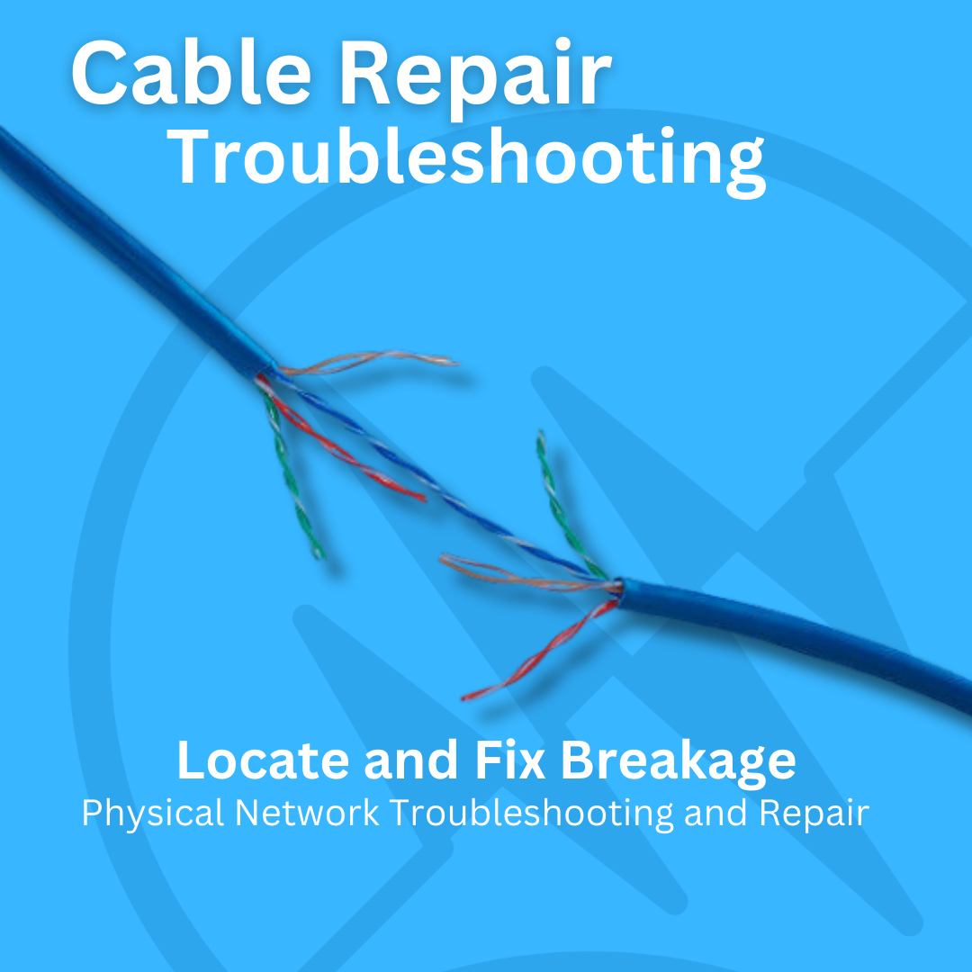 A frayed cable with text "Cable Repair Troubleshooting" and "Locate and Fix Breakage" on a blue background.