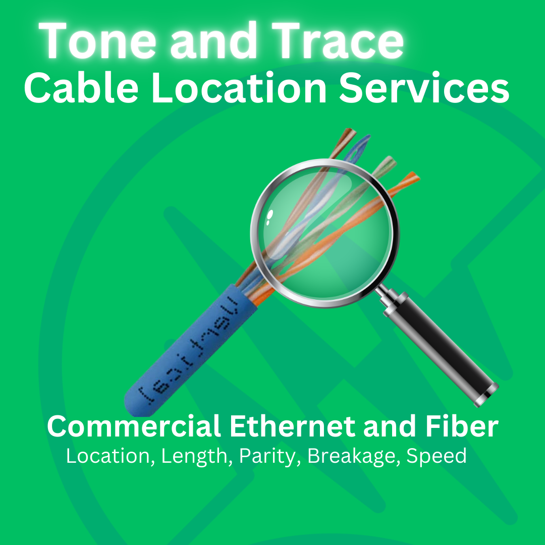 Ad for cable location services, featuring cables under a magnifying glass with text on a green background.