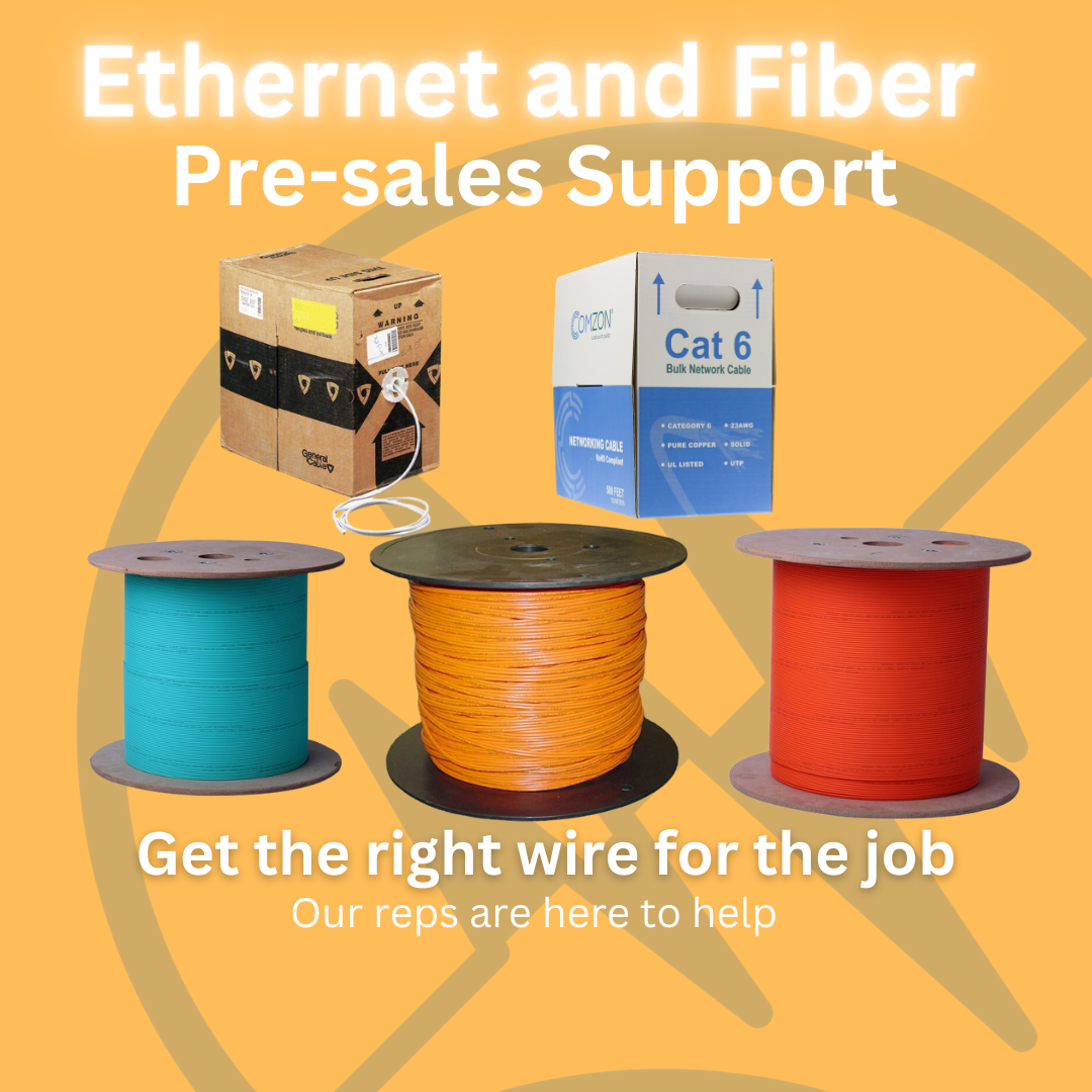 Ad for Ethernet/fiber sales support featuring three spools of cable and a box of Cat 6 cable.