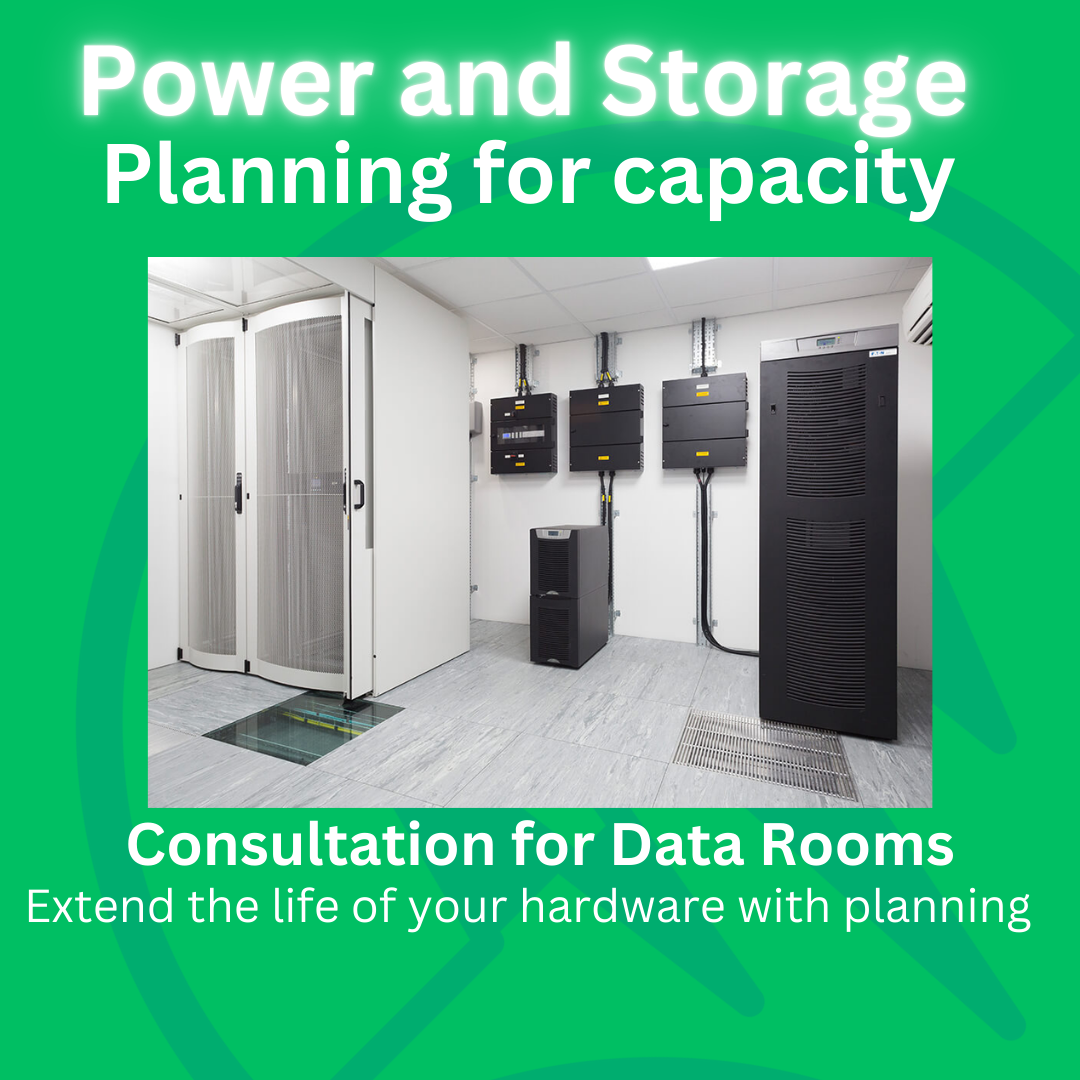 Data center room with servers and power units, advertising planning services for capacity.