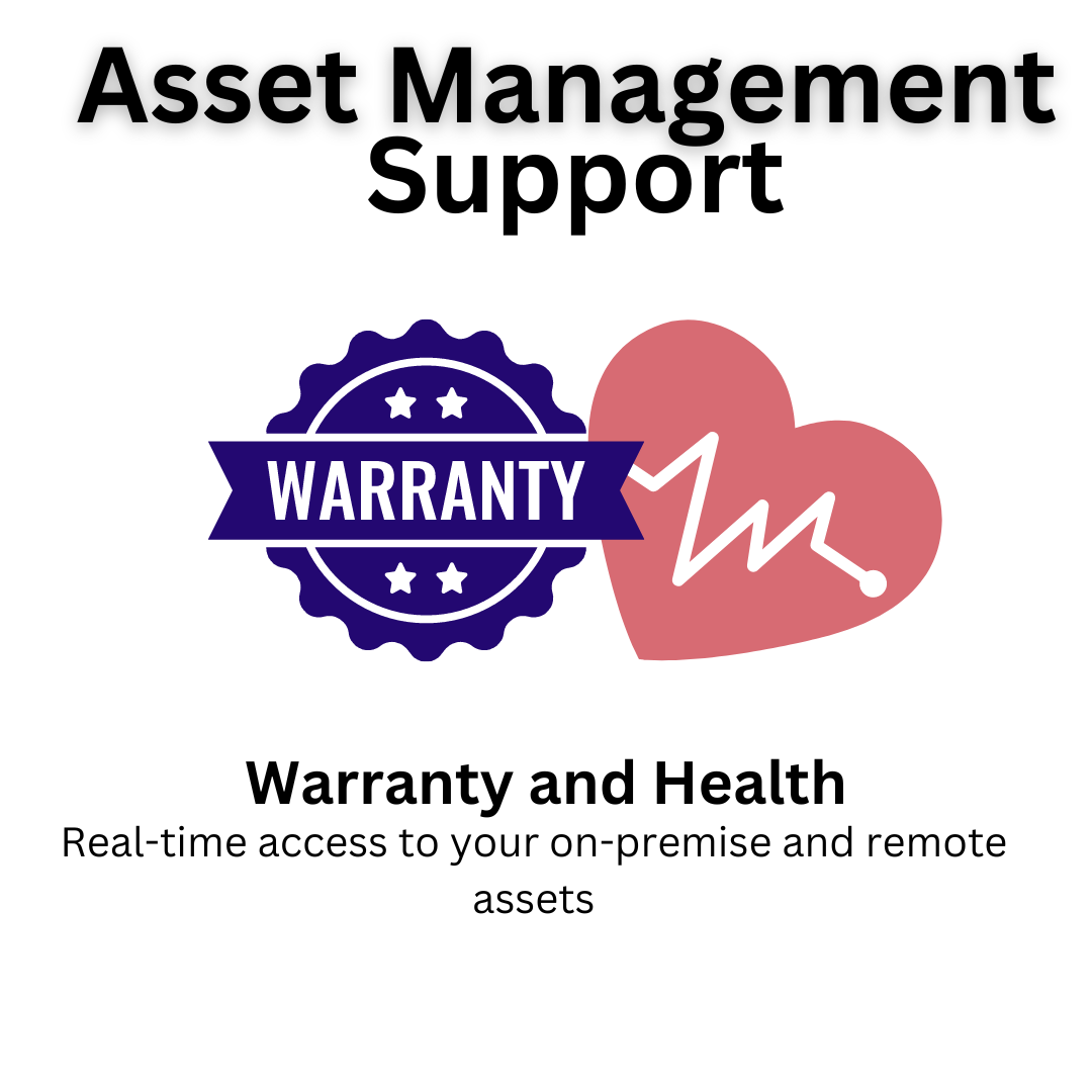 Graphic for "Asset Management Support" with warranty badge and heart-rate symbol, text "Warranty and Health" below.