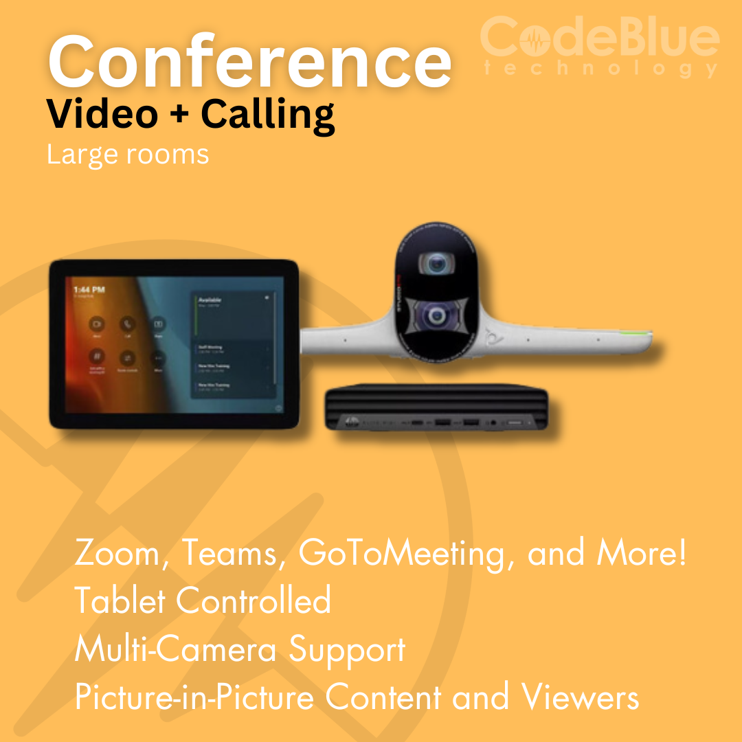 Ad for "Code Blue Technology" showcasing video conferencing tools for large rooms with multi-camera support.