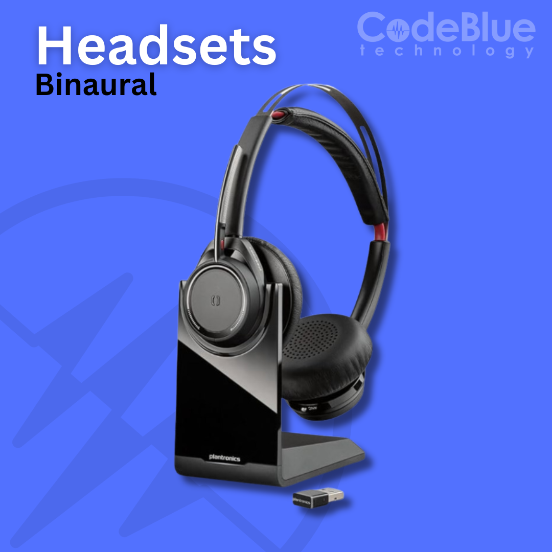 Binaural headset with charging stand and USB dongle, branded by Plantronics, on a blue background.