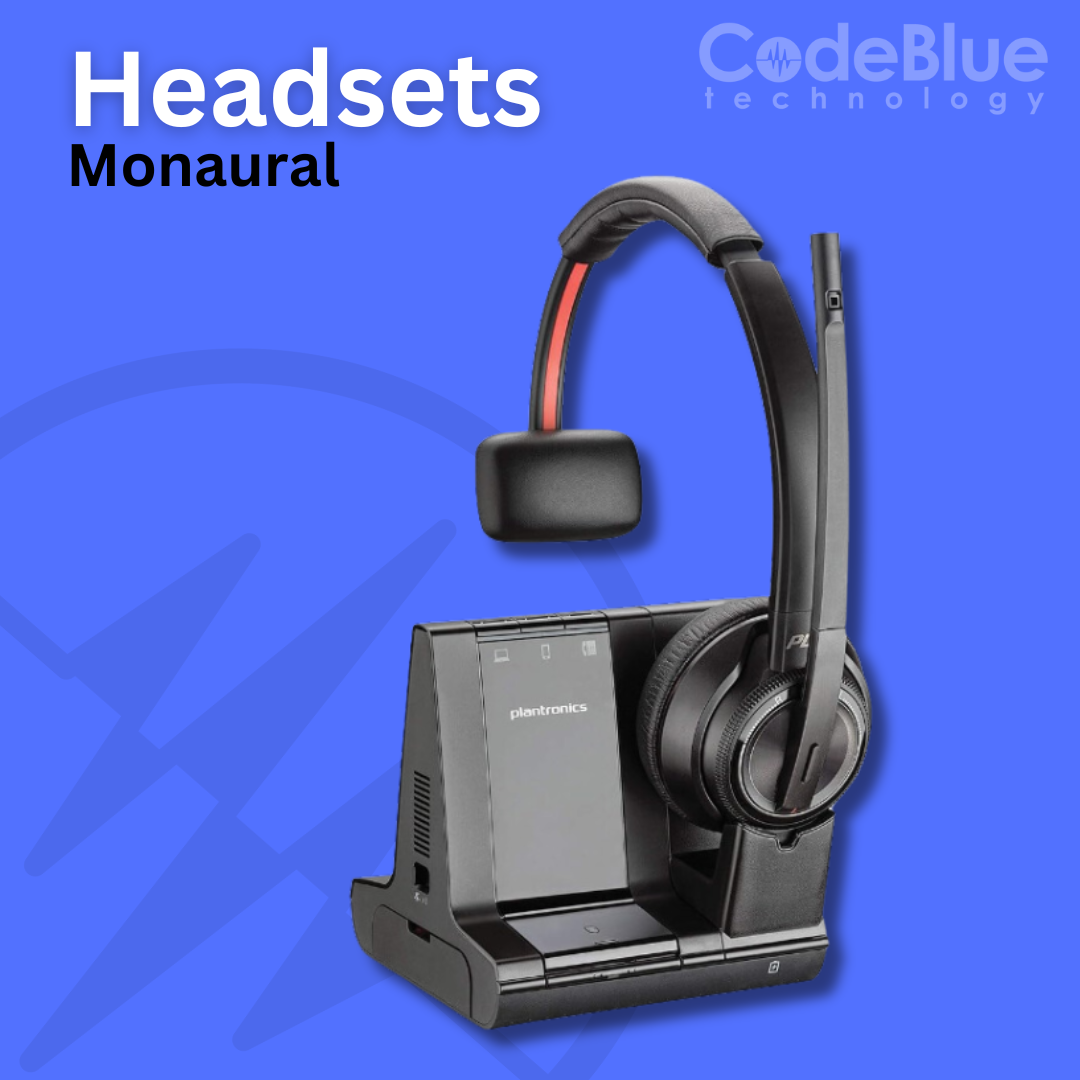 Monaural headset with microphone on stand, brand Plantronics, against blue background with text.