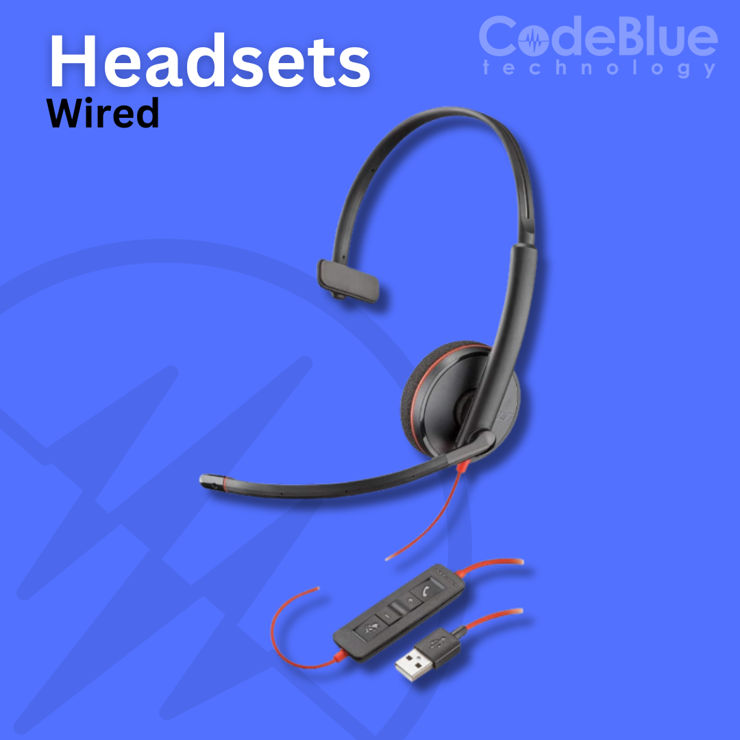 Wired headset with microphone and USB connector on blue background, "CodeBlue technology" branding.