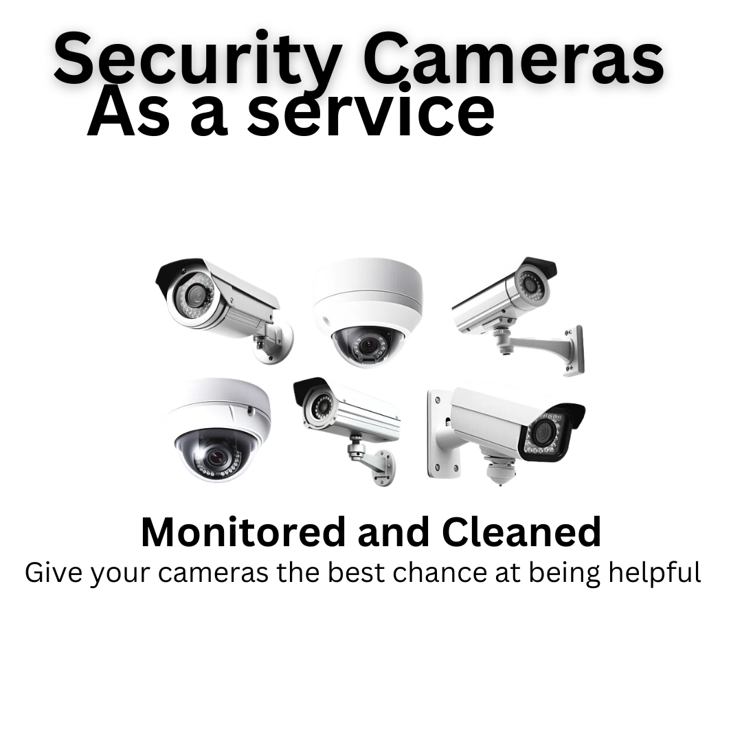 Ad with various types of security cameras and text: 'Security Cameras As a service' 'Monitored and Cleaned'.