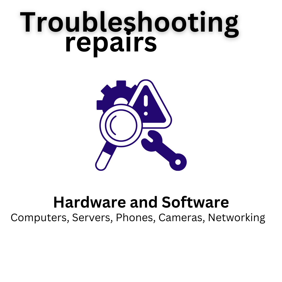 Logo for troubleshooting repairs with icons for a magnifying glass, wrench, and warning sign. Text indicates hardware and software services.