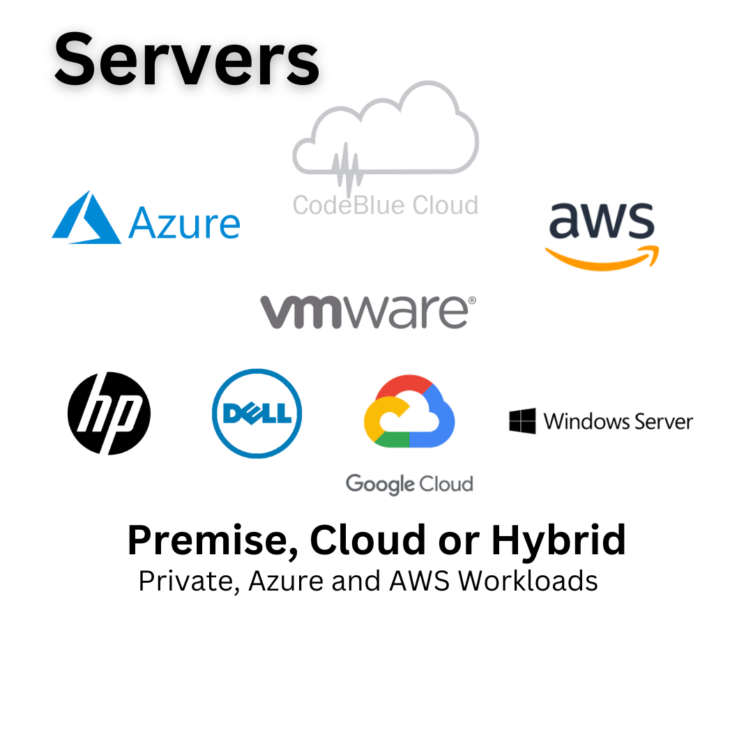 Image showcasing various server and cloud service logos such as Azure, AWS, Google Cloud, and server hardware brands HP and Dell.