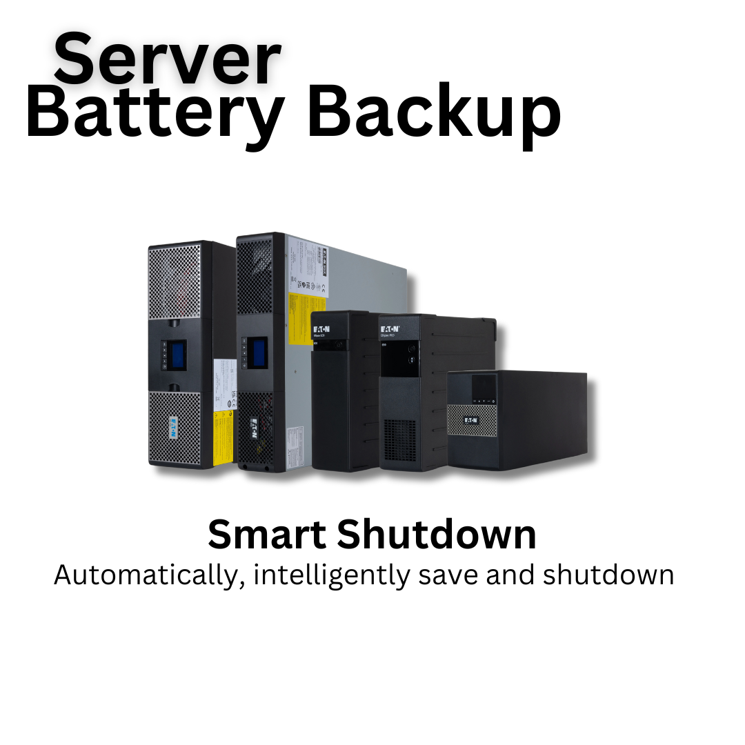 Array of server battery backup units with text "Smart Shutdown" indicating automated power protection.