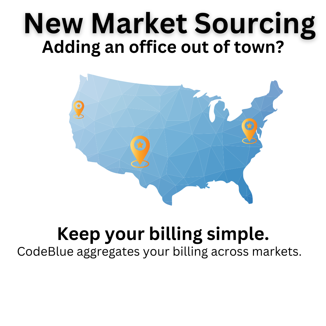 Graphic of US map with location markers and text about new market sourcing and simplified billing by CodeBlue.