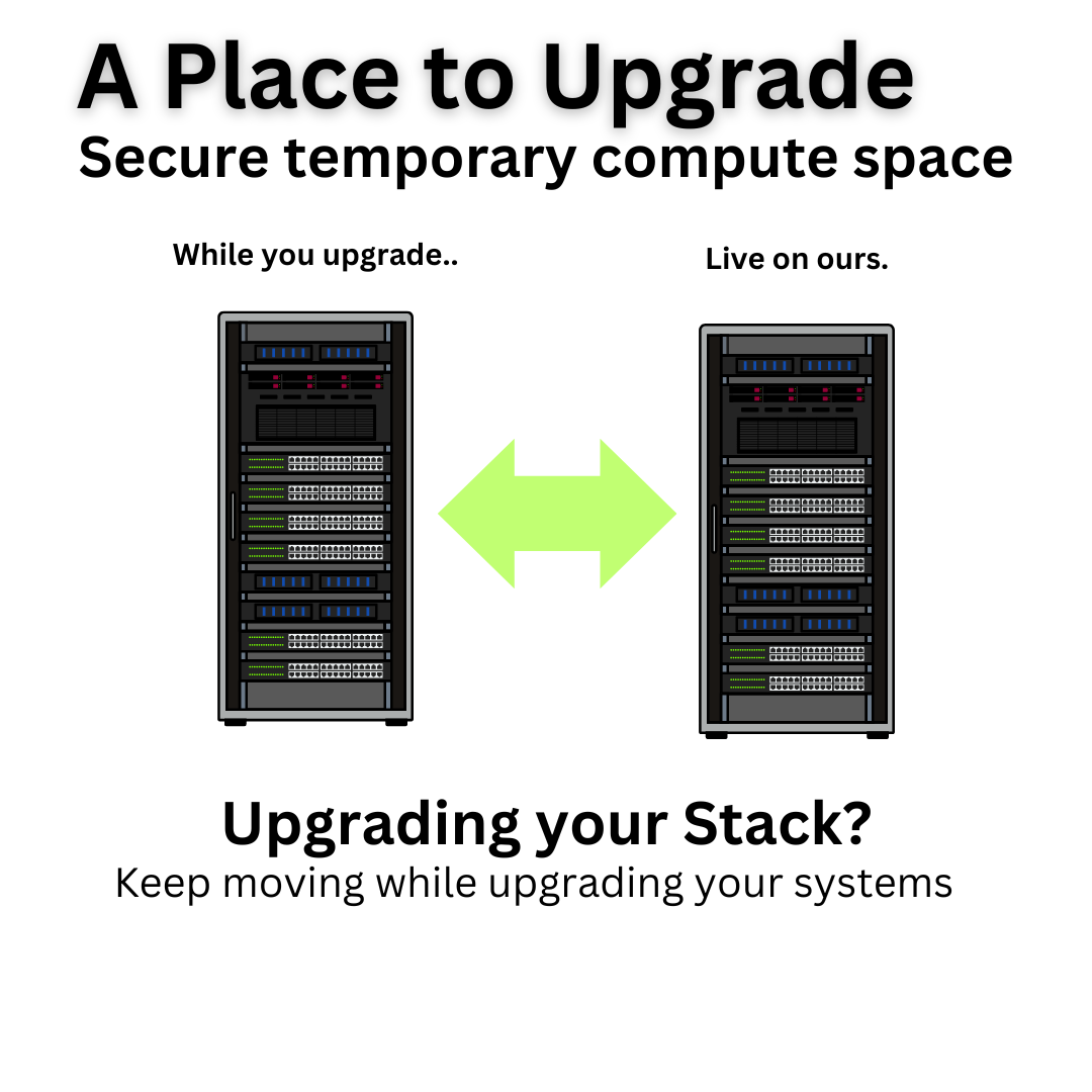 Ad graphic depicting two server racks with a green double-sided arrow, promoting secure temporary compute space.