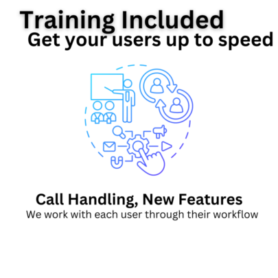 Promotional graphic about training services with line icons illustrating teaching, technology, and user support.