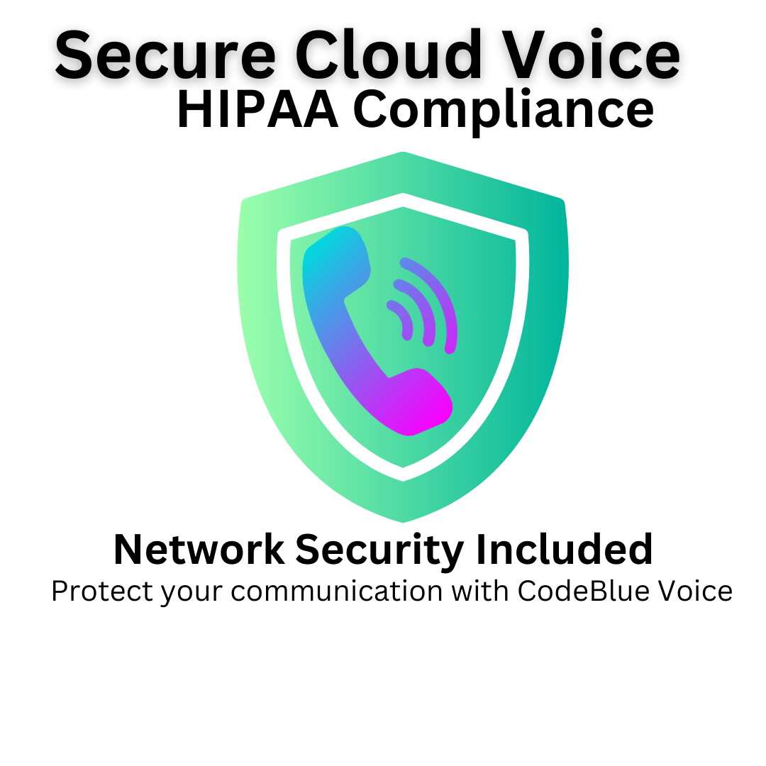 Ad promoting Secure Cloud Voice with HIPAA compliance and network security, featuring a shield with a phone icon.