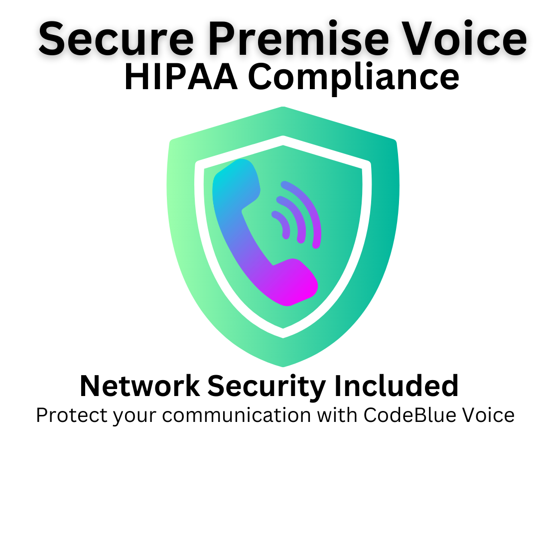 A graphic for "Secure Premise Voice HIPAA Compliance" with a shield, phone icon, and text "Network Security Included."