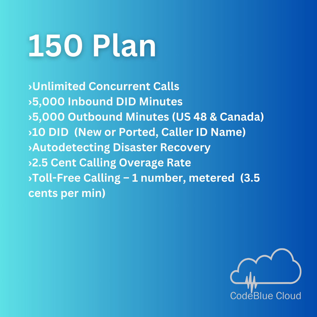 CodeBlue Cloud 150 Plan details including unlimited concurrent calls, inbound and outbound minutes, DID options, autodetecting disaster recovery, and toll-free calling rates.