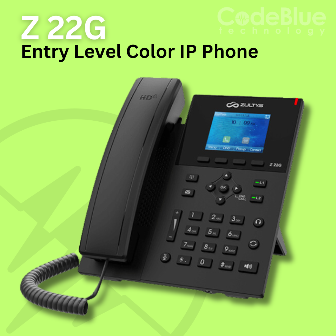 An IP phone labeled "Z22G Entry Level Color IP Phone" by Code Blue Technology.