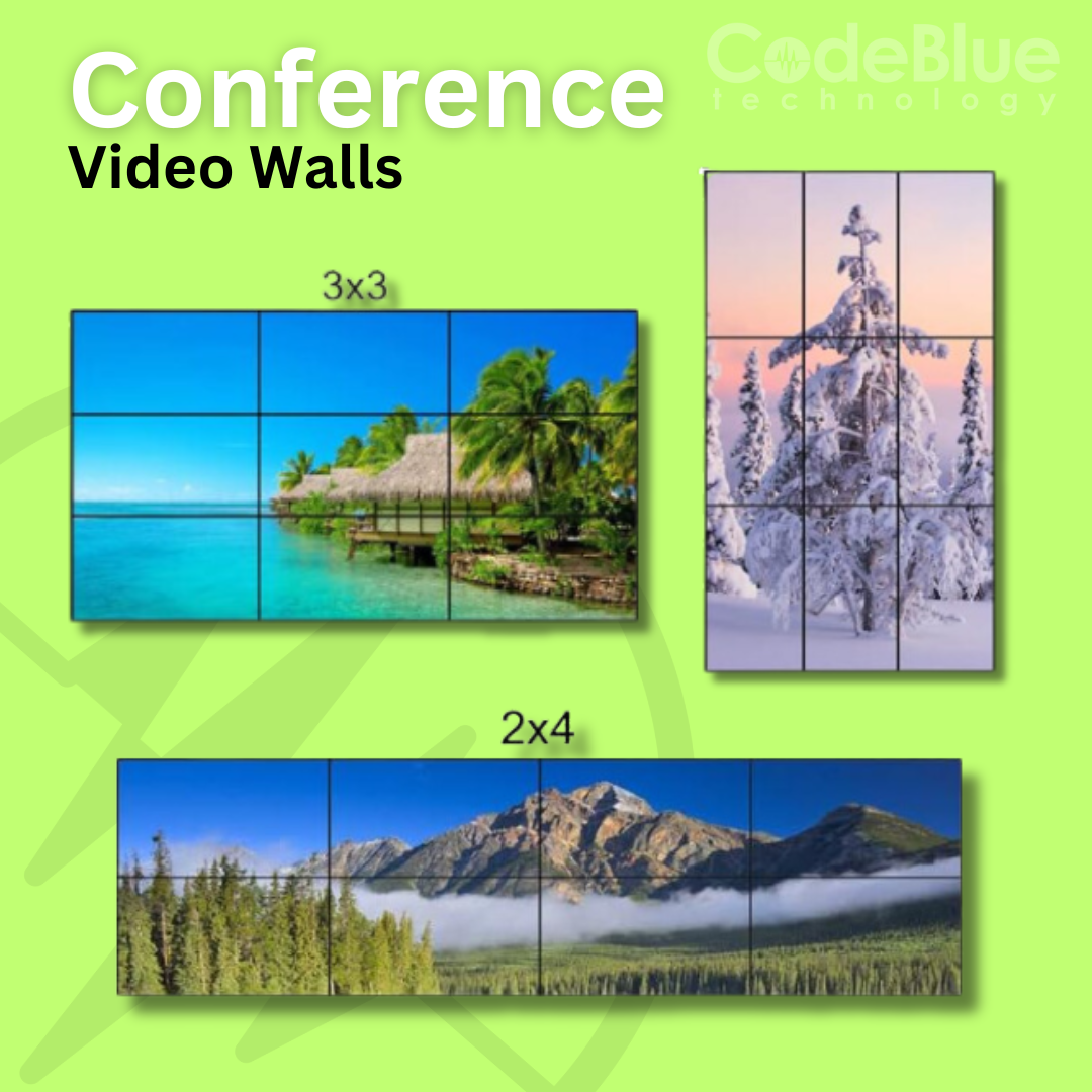 Advertisement for 'Conference Video Walls' showing 3x3, 1x5, and 2x4 multi-screen displays with nature scenes.