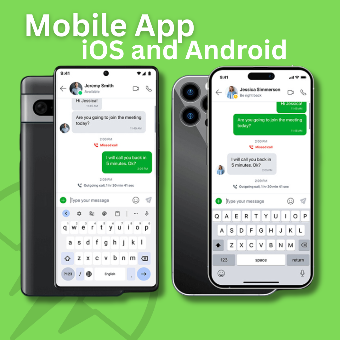 Two smartphones displaying a messaging app ad for both iOS and Android platforms.