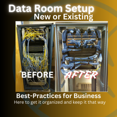 Before and after images of a network rack, first messy with cables, then neatly organized.