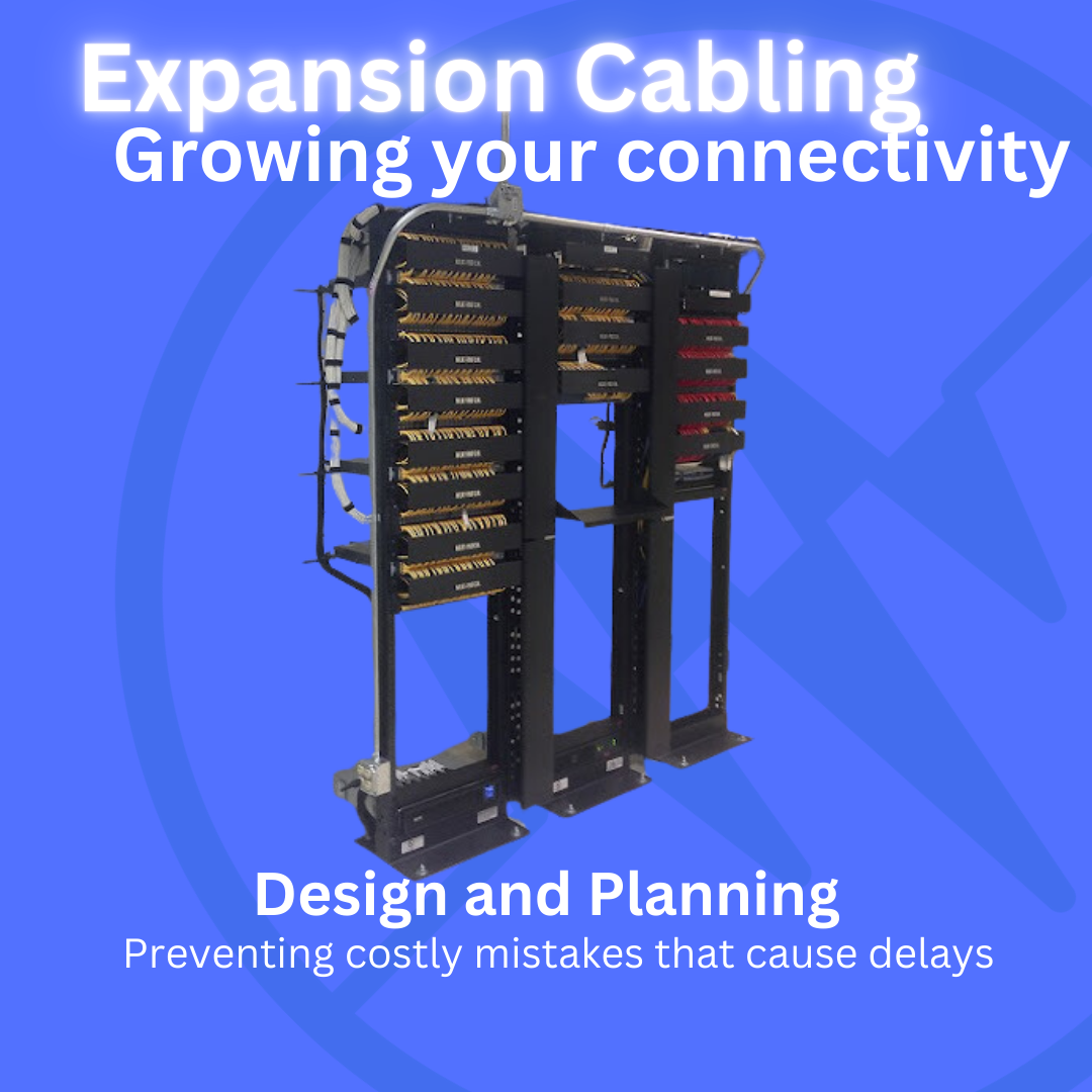 Open server rack with cables and text about cabling expansion and design planning.