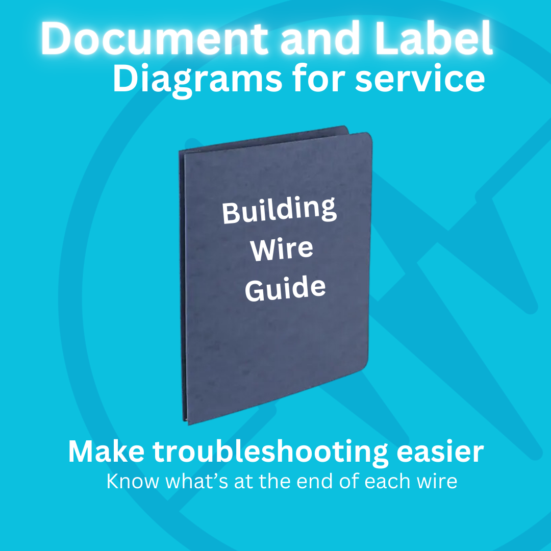 A manual labeled "Building Wire Guide" with text about service diagrams for easier troubleshooting.