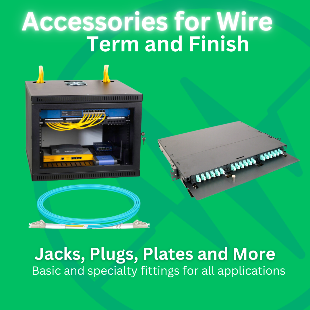 Advertisement for wire accessories with a network cabinet, fiber patch panel, and cables.