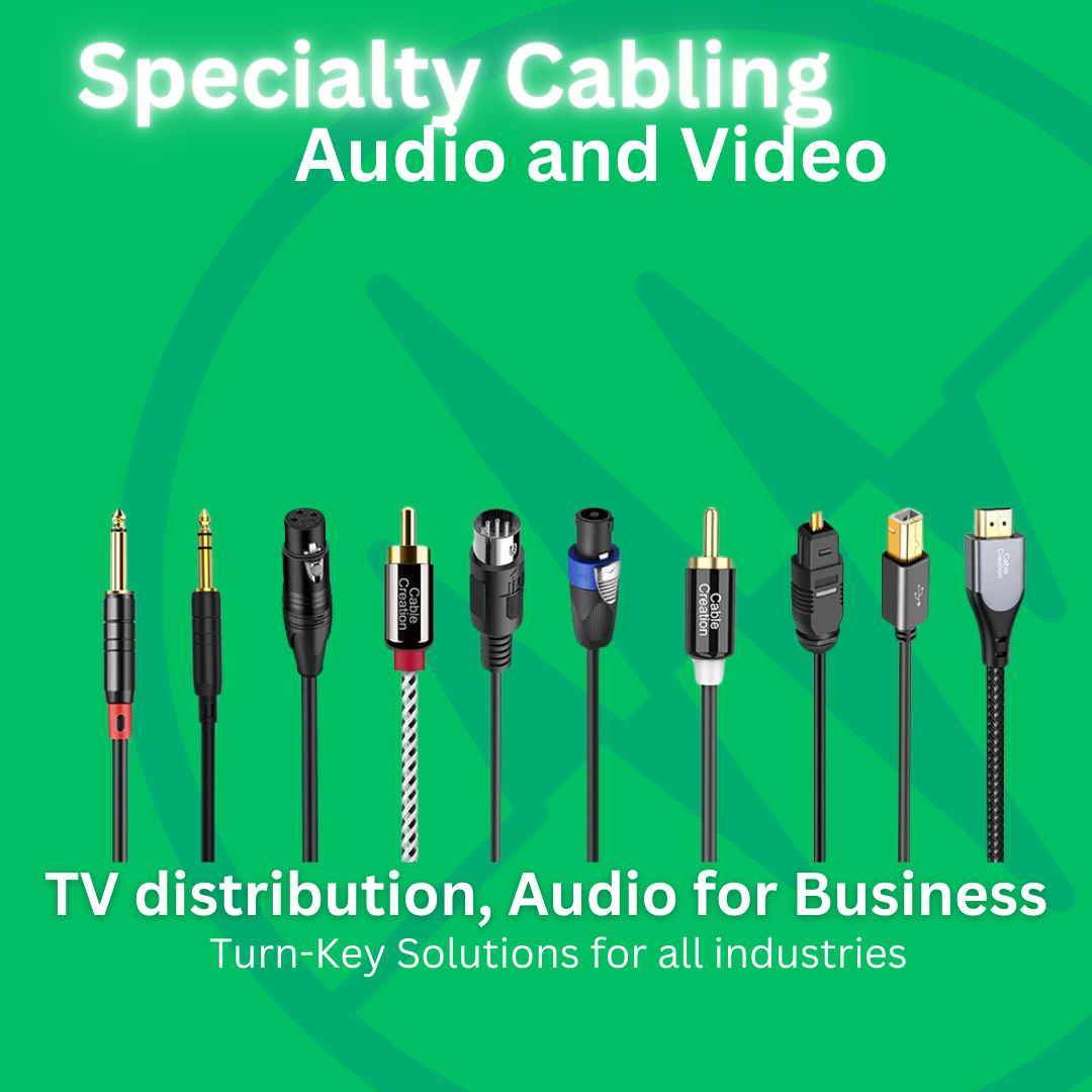 Ad graphic showing an array of audio and video cables with text on specialty cabling solutions.