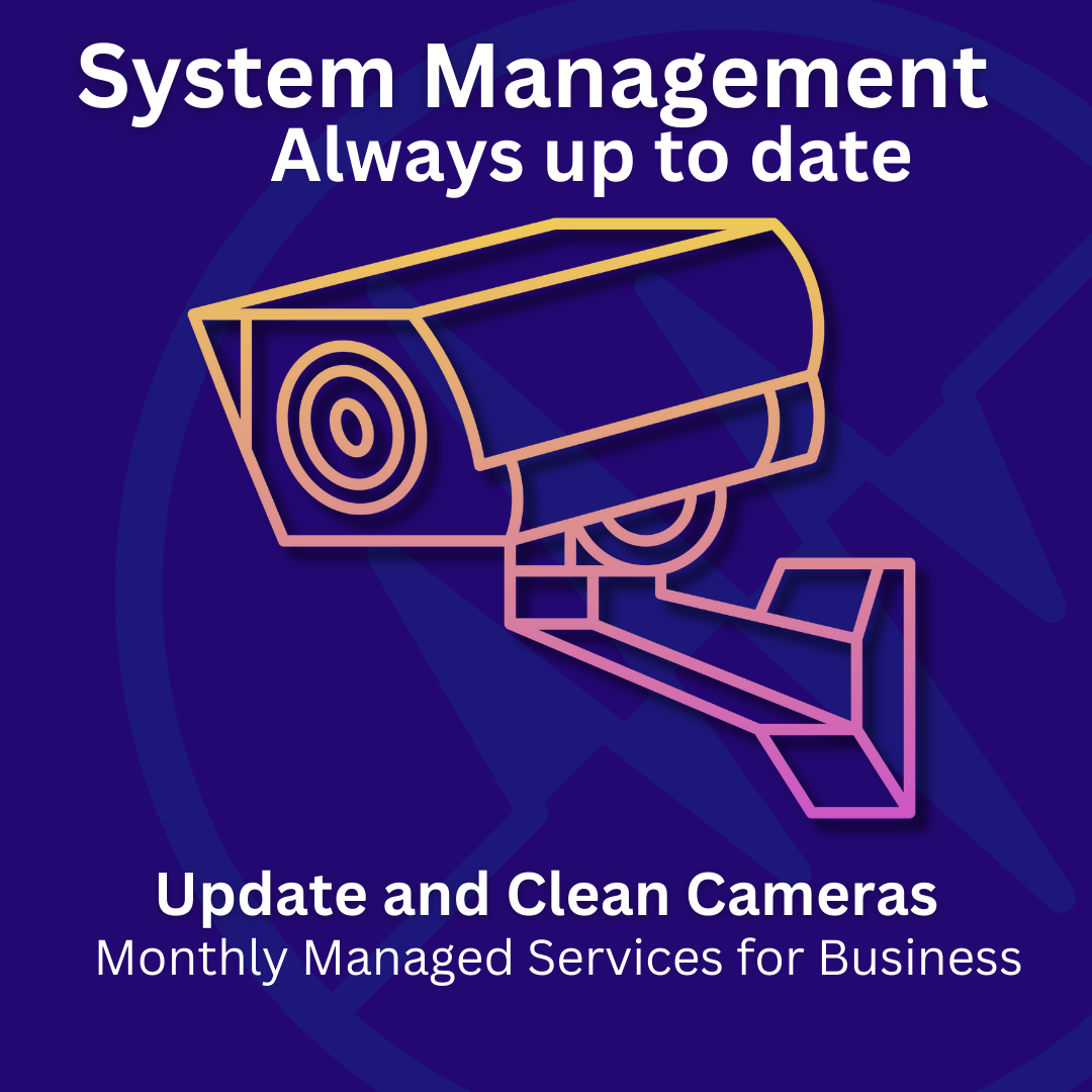 Graphic of a security camera with text about system management and camera maintenance services.