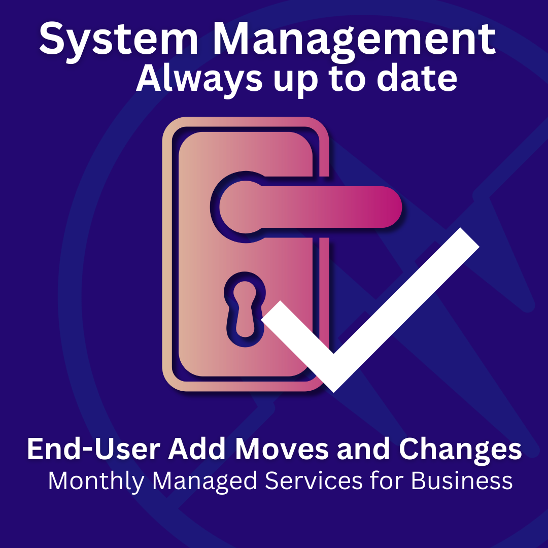 Illustration of a door handle & lock with a checkmark, promoting up-to-date System Management services.