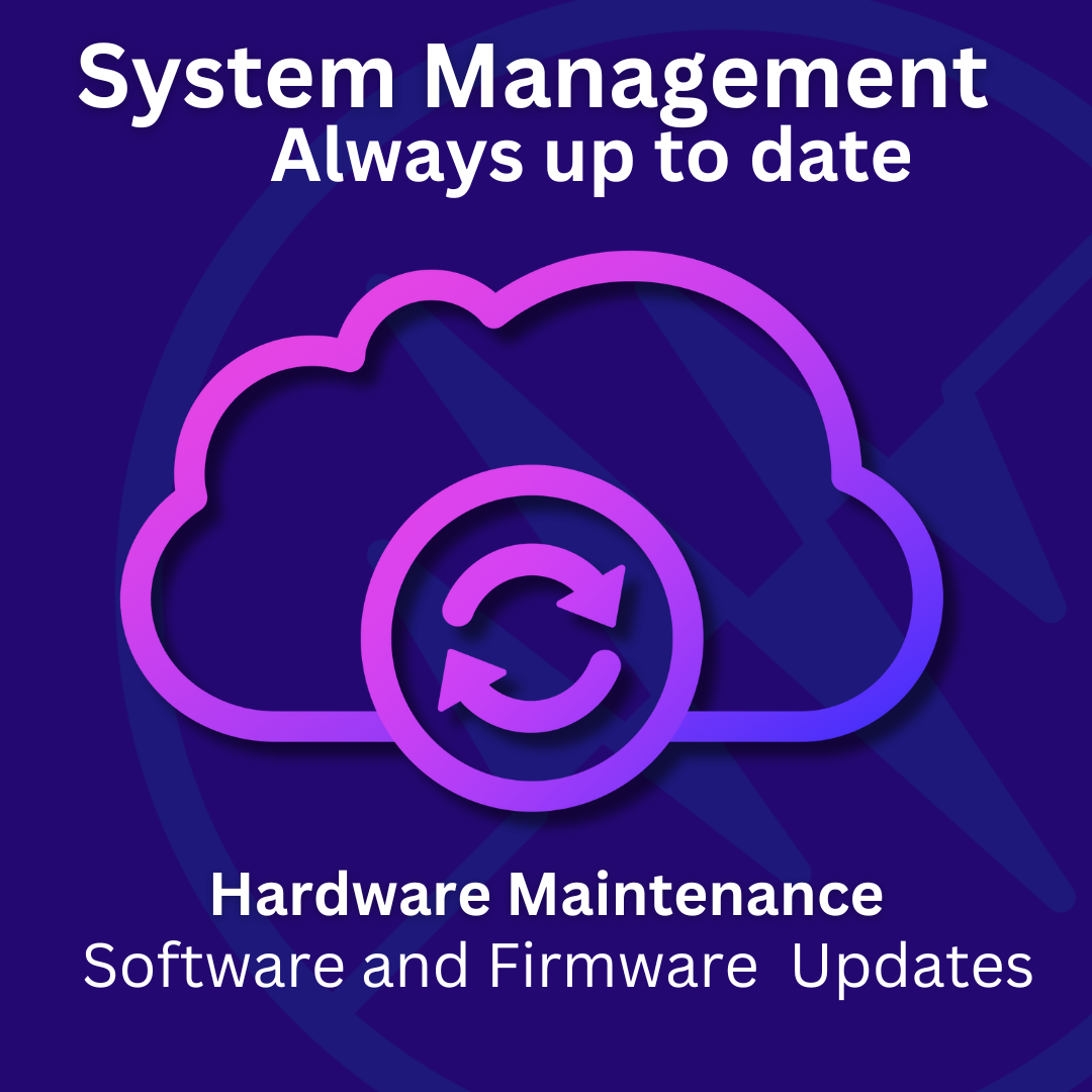 Graphic of a cloud with a sync icon, text "System Management, Always up to date, Hardware Maintenance, Software and Firmware Updates."