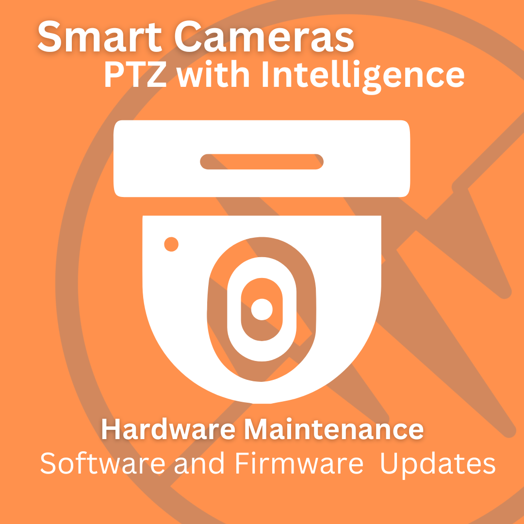 Graphic of a smart PTZ camera with text about hardware maintenance and software updates.