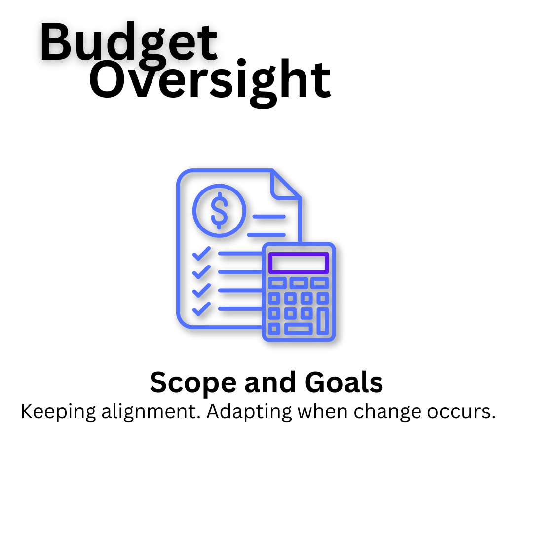 Graphic with text "Budget Oversight" and icons of a finance checklist and calculator, subtitle "Scope and Goals."