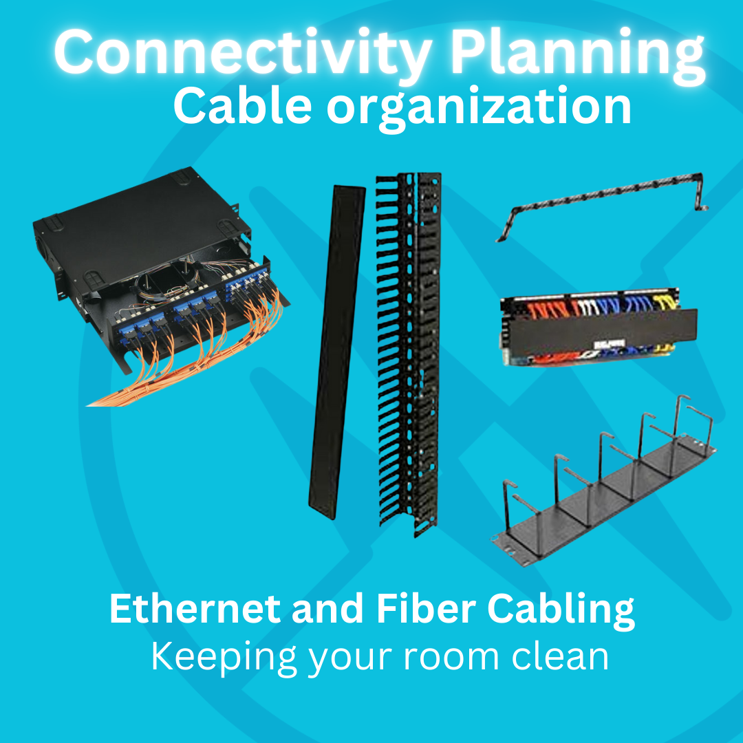 Connectivity Planning, Cable organization showcasing different cable management tools for Ethernet and fiber cables.