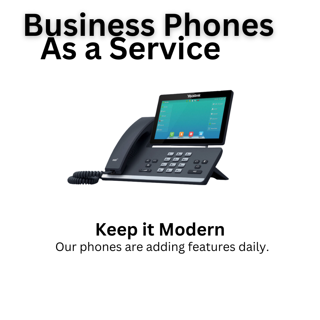 Ad for "Business Phones As a Service" with a modern desk phone and slogan "Keep it Modern".