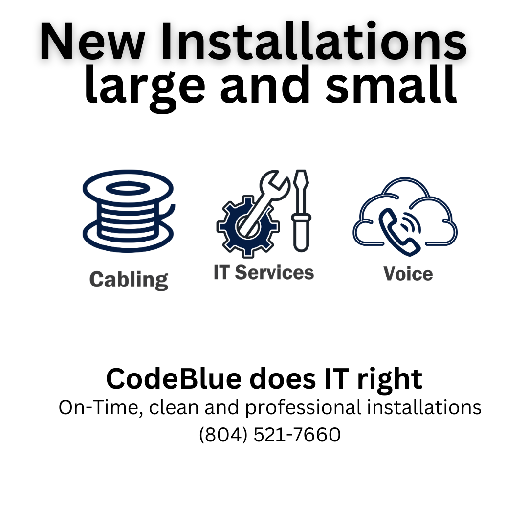 Ad for CodeBlue IT services with icons for cabling, IT, and voice communication, with contact info.