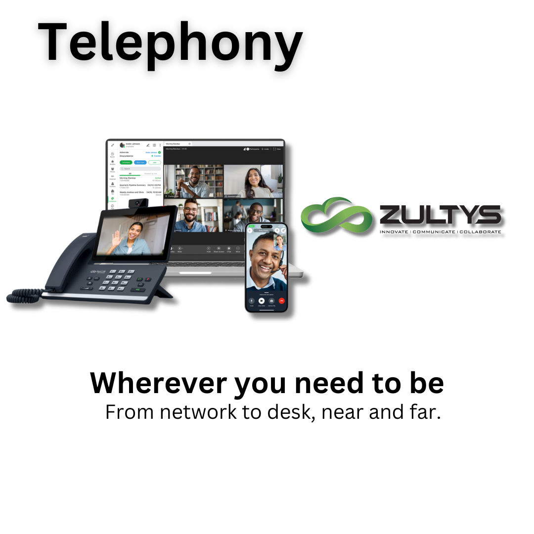 Electronic devices including a desk phone, laptop, and smartphone displaying communication software; "Telephony" text and Zultys logo above.