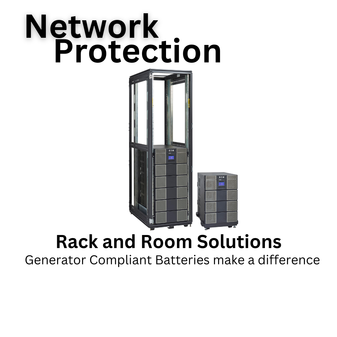 Server racks and a UPS system with "Network Protection" and "Rack and Room Solutions" text.