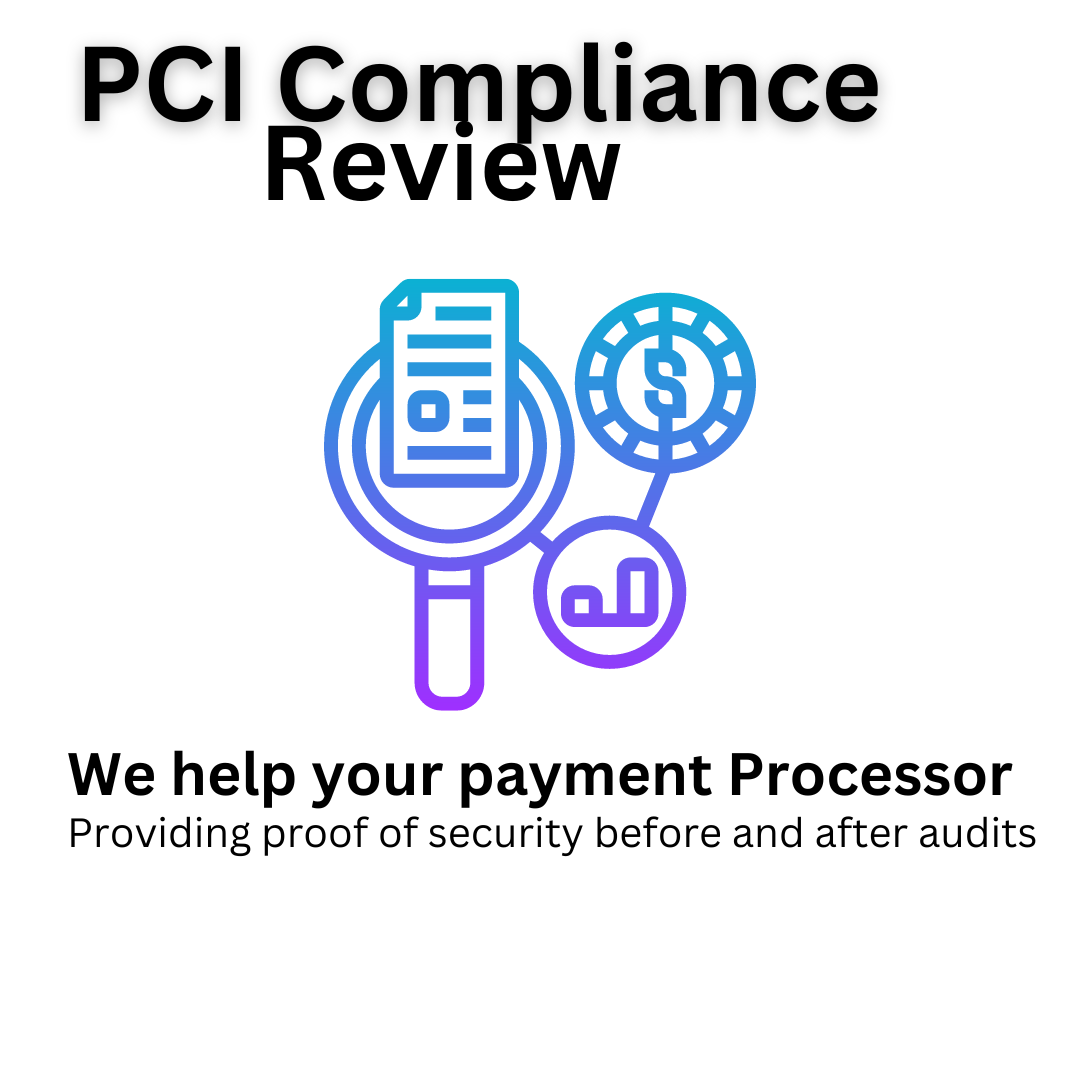 Graphic of PCI Compliance Review with magnifying glass, lock, and document icons, stating assistance with payment security audits.